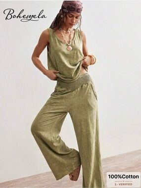 Bohemela Olive Wide-Leg Cotton Jumpsuit with Smocked Waist